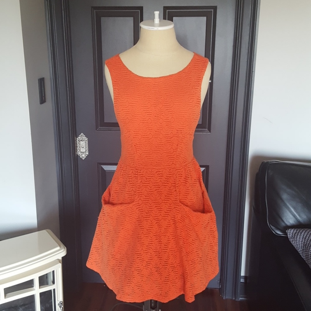 Orange Cotton Lace Mini Dress with Pockets